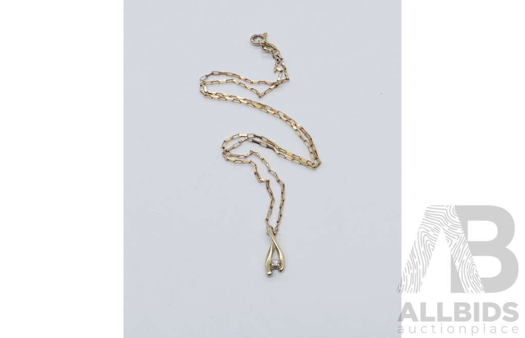 9ct 0.02ct Diamond Set Wishbone Pendant with Elongated Belcher Link Chain, 40cm, 2.10grams