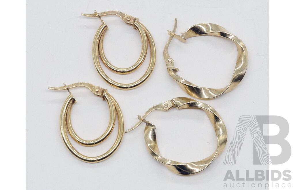 9ct Hoop Earrings X 2, Both Hallmarked 375 ITALY, Combined Weight 2.02 Grams