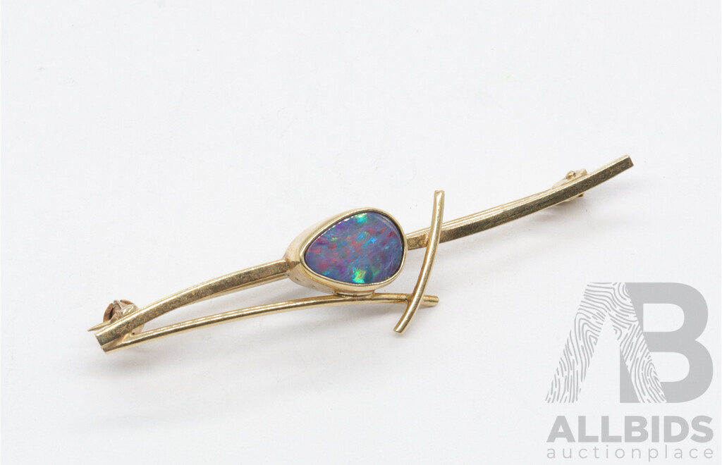 9CT Opal Doublet Bar Brooch, 50mm Long, 2.61 Grams, Hallmarked 9CT