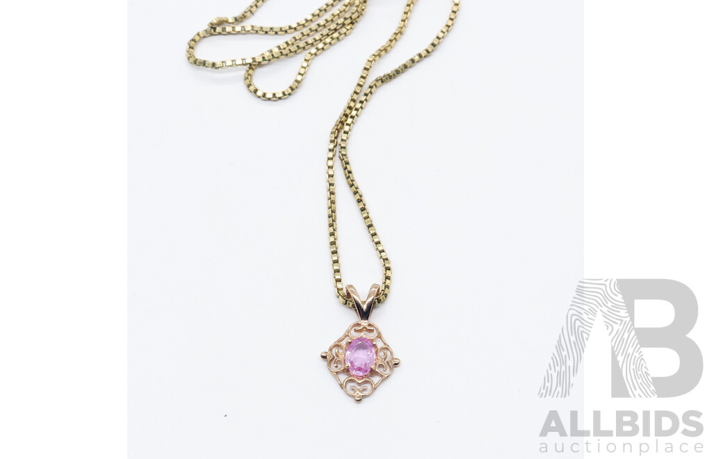 9ct Rose Gold Pink Synthetic Sapphire Pendant on Gold Plated Box Chain 42cm, 0.64grams
