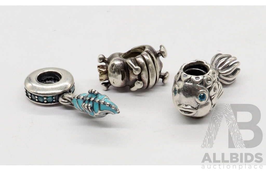 Pandora Sterling Silver Charms, Fish, Seahorse, Queen Bee, All Hallmarked ALE 925, 11.41 Grams