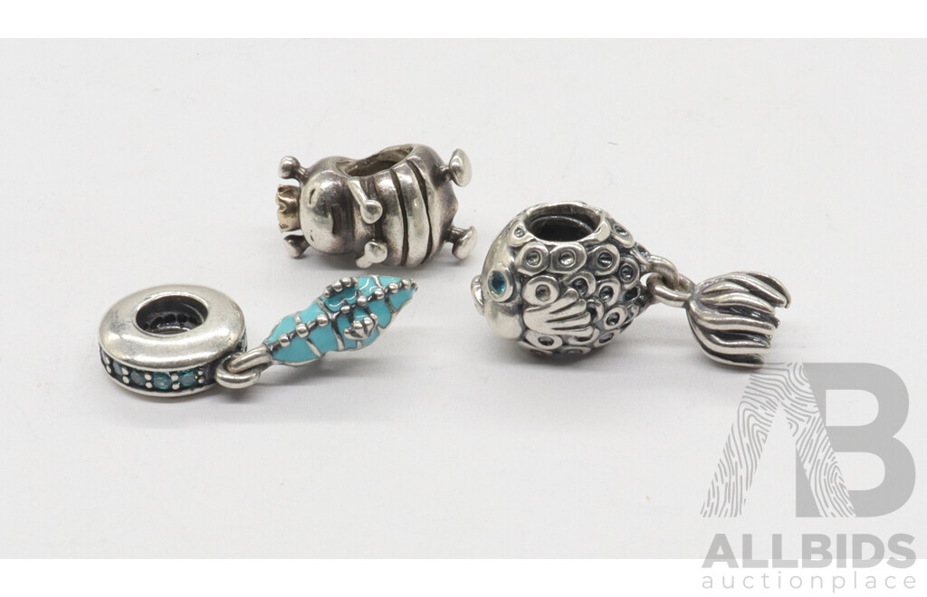 Pandora Sterling Silver Charms, Fish, Seahorse, Queen Bee, All Hallmarked ALE 925, 11.41 Grams
