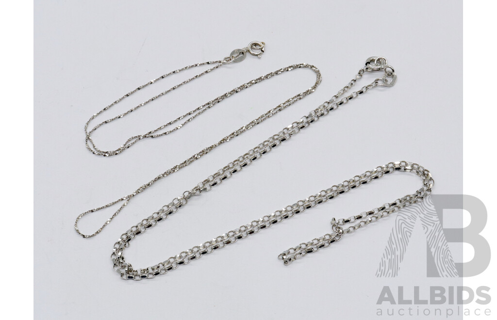 9ct White Gold Fine Belcher Link Chain, 45cm & 18ct Very Fine Twist Chain, 40cm, 2.82 Grams
