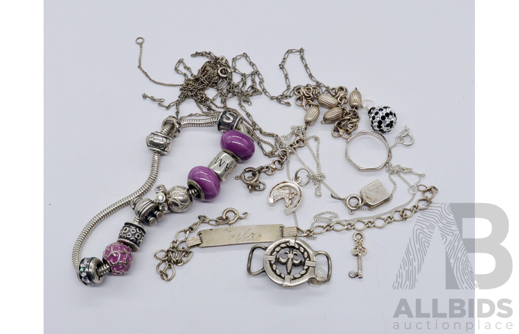 RICA Sterling Silver Bead Bracelet & 11 Charms and Collection of Other Sterling Silver Items