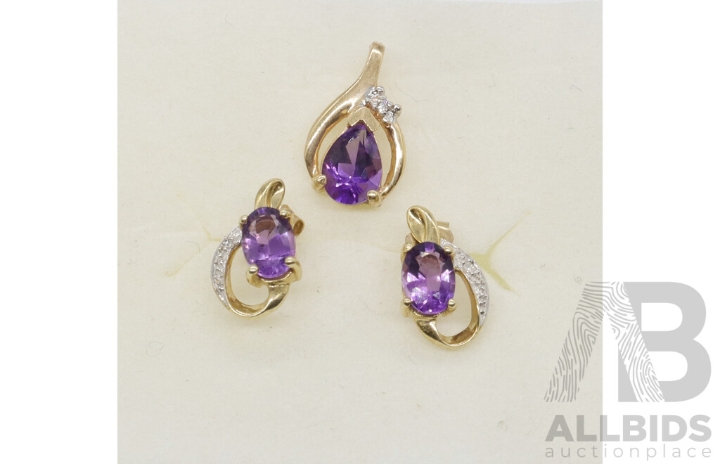9ct Amethyst & Diamond Pendant and Matching Stud Earrings, 1.91 Grams