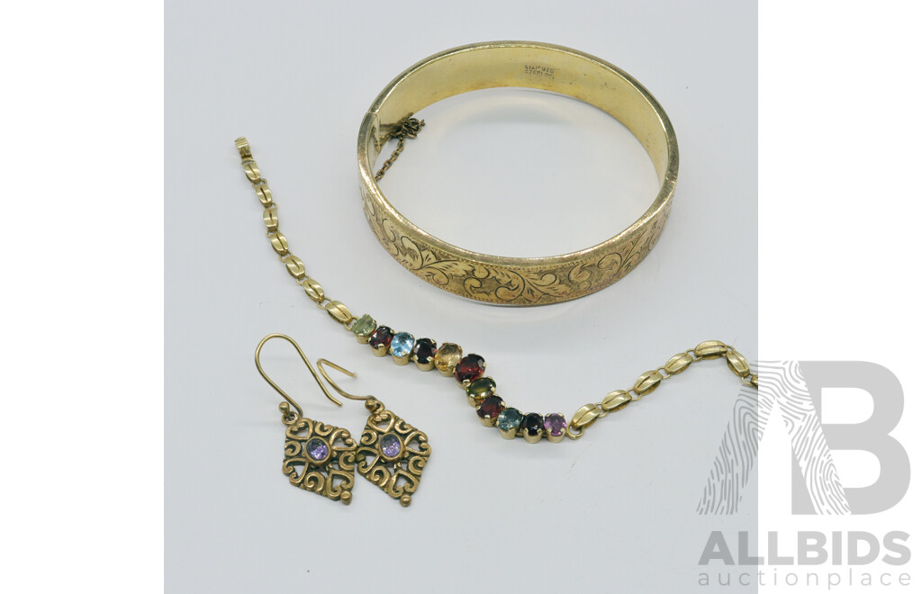 Vintage Gold Plated Bracelet, Earrings & Hinged Bangle