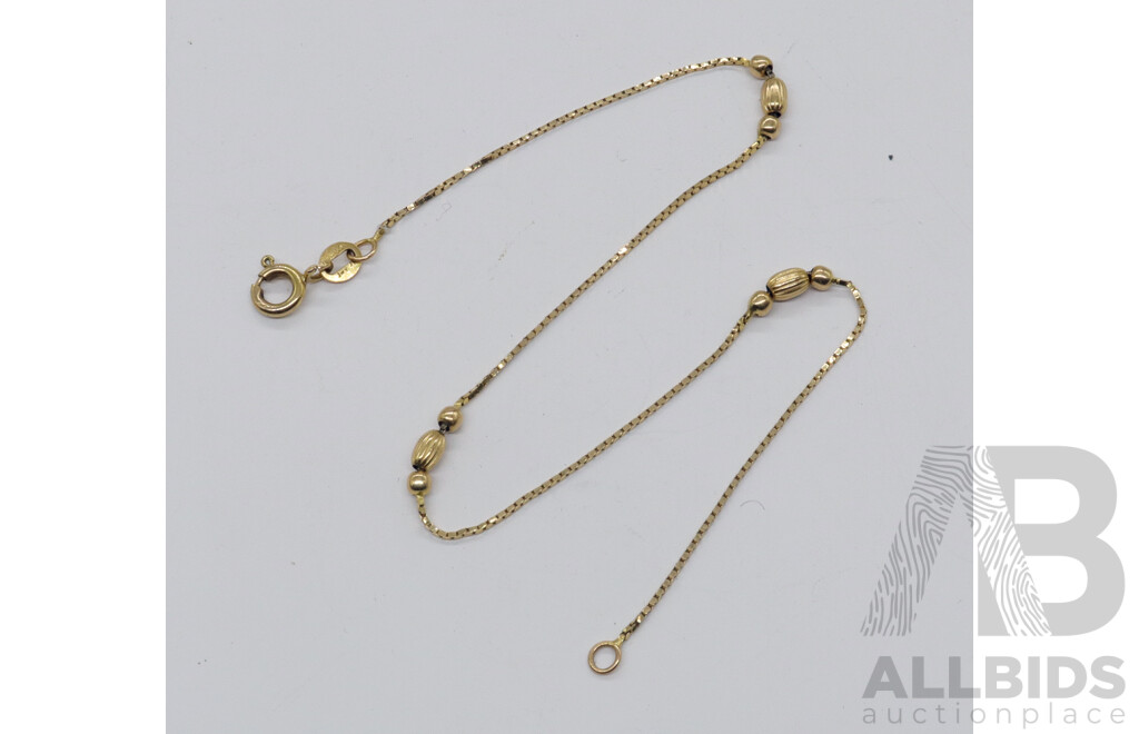 14ct Gold Box Chain Anklet with Gold Bead Pattern Detail, 24.5cm, 1.77 Grams, Hallmarked 14KT ITALY