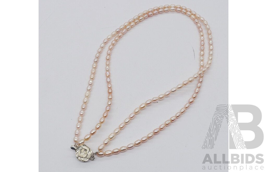 Prouds Freshwater Pearl Double Strand Pale Pink Necklace with Silver Flower Clasp, 45cm