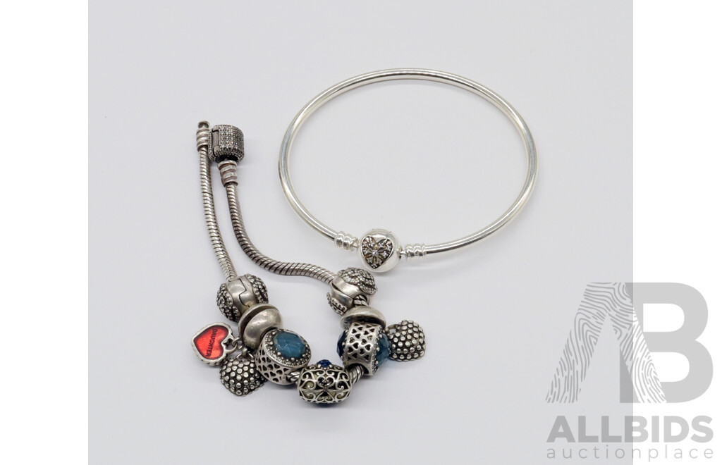 Pandora Sterling Silver Bangle with Heart Clasp & Pandora Snake Bracelet with 8 Charms