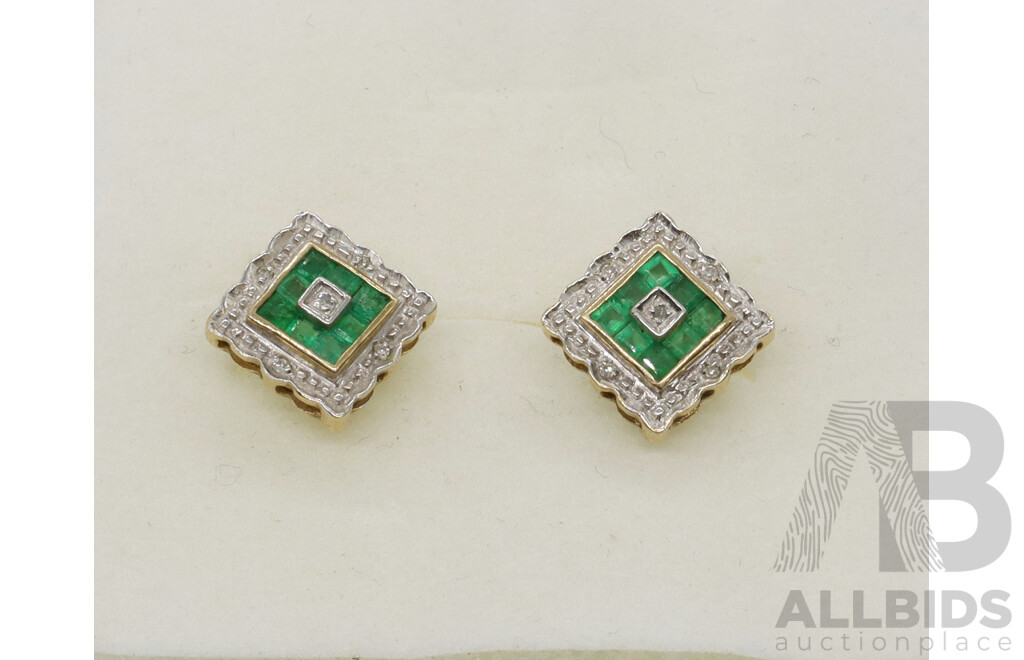 9ct Natural Emerald & Diamond Stud Earrings, 9.8mm X 9.8mm, 1.77 Grams