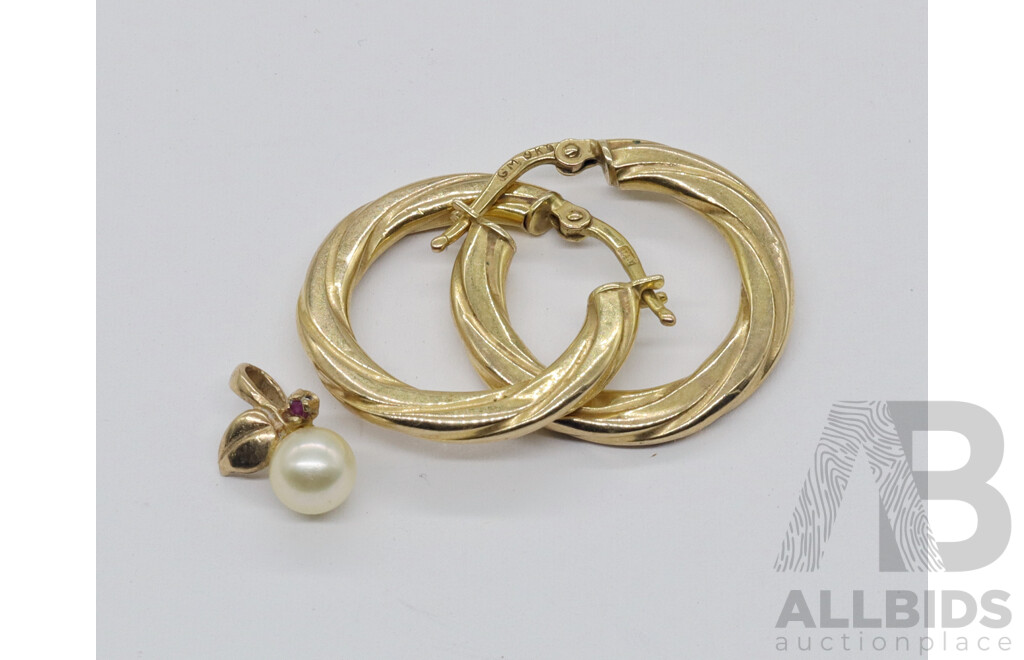 9ct Akoya Pearl & Ruby Pendant & 9ct Yellow Gold Hoop Earrings, 1.95 Grams