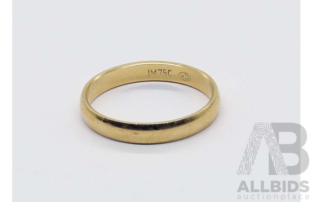 18ct Curved Wedding Ring, Size N, 2.46 Grams, Hallmarked JK 750