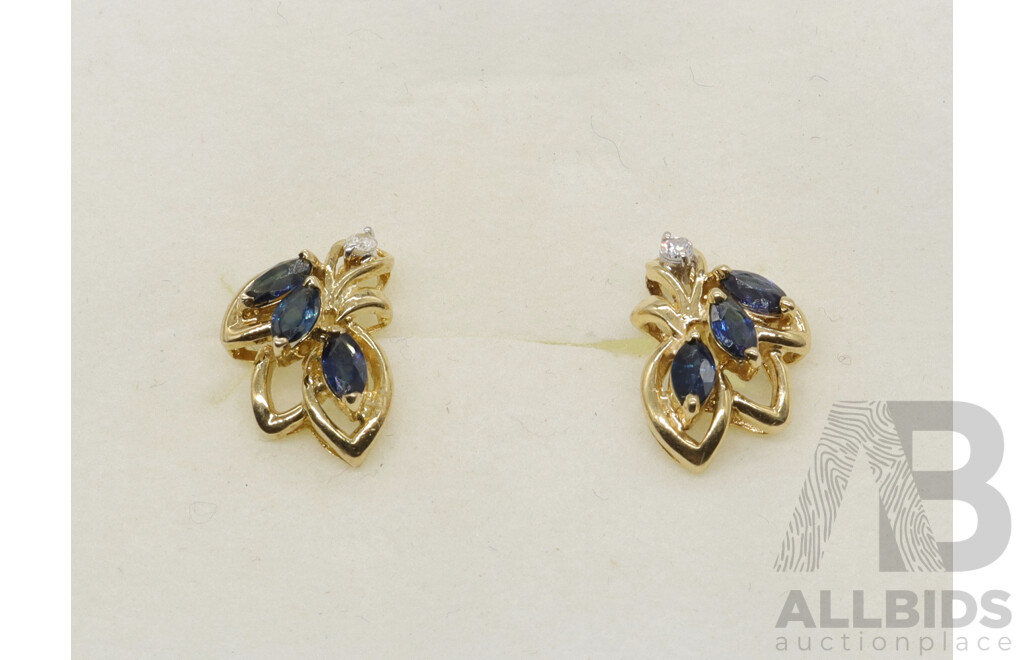 9ct Sapphire & Diamond Cluster Stud Earrings, 13mm X 9mm, 1.92 Grams