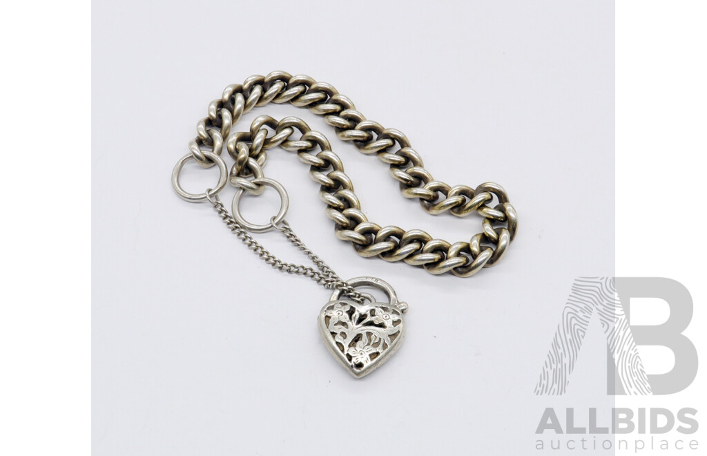 Sterling Silver Curb Link Padlock Bracelet, 20cm, 26.20 Grams