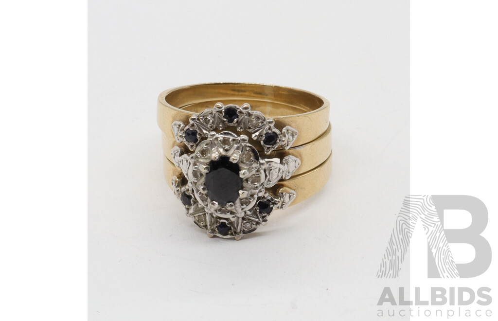 9ct Vintage Australian Sapphire & Diamond Fitted Bridal Set, Size R, 6.63 Grams