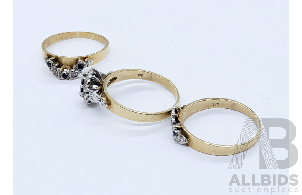 9ct Vintage Australian Sapphire & Diamond Fitted Bridal Set, Size R, 6.63 Grams