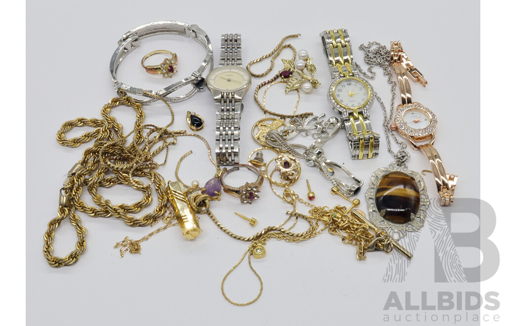 Large Collection of Mostly Gold Plated Jewellery, Including 3 X Unbranded Watches