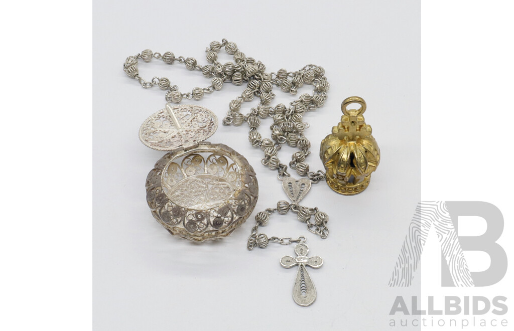 Sterling Silver Filigree Rosary Beads in Little SS Filigree Vessel and Gold Plated Crown