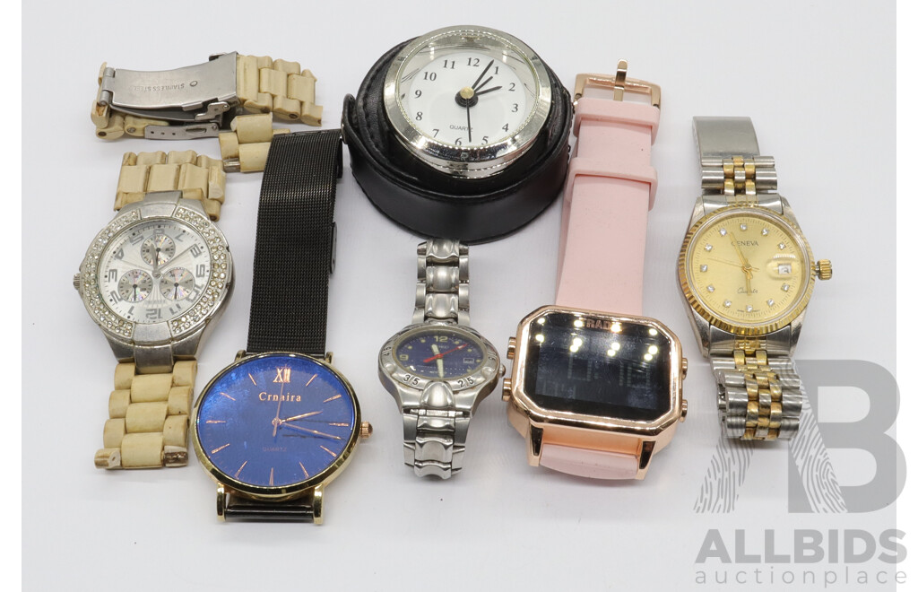 Collection of Watches in Various Styles, Including Vintage Quartz Pocket Alarm Clock