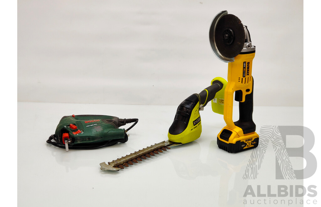 Lot of 3 Tools : 1 RYOBI Hedge Trimmer, 1 DEWALT Grinder, 1 Bosch Jigsaw