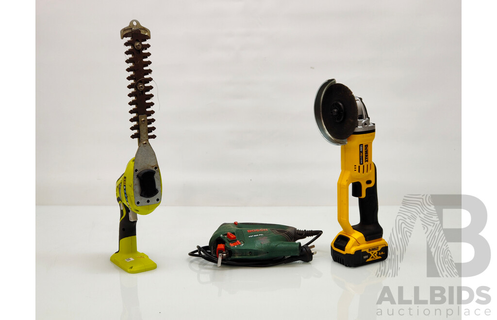 Lot of 3 Tools : 1 RYOBI Hedge Trimmer, 1 DEWALT Grinder, 1 Bosch Jigsaw