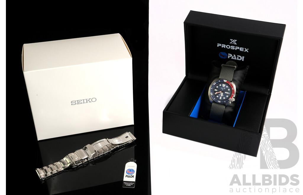 Boxed Seiko Padi Turtle Watch with Pepsi Bezel and Day/Date Function