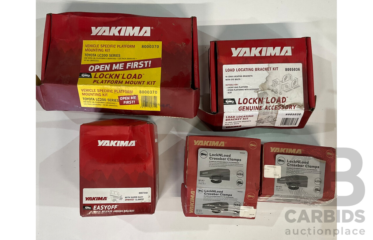 YAKIMA Specific Platform Mounting Kit for Toyota LC200 Series & Easy Off Awning Bracket & Assorted of LockNLoad Accessory - Lot of 5 - Estimated Total ORP $447.00