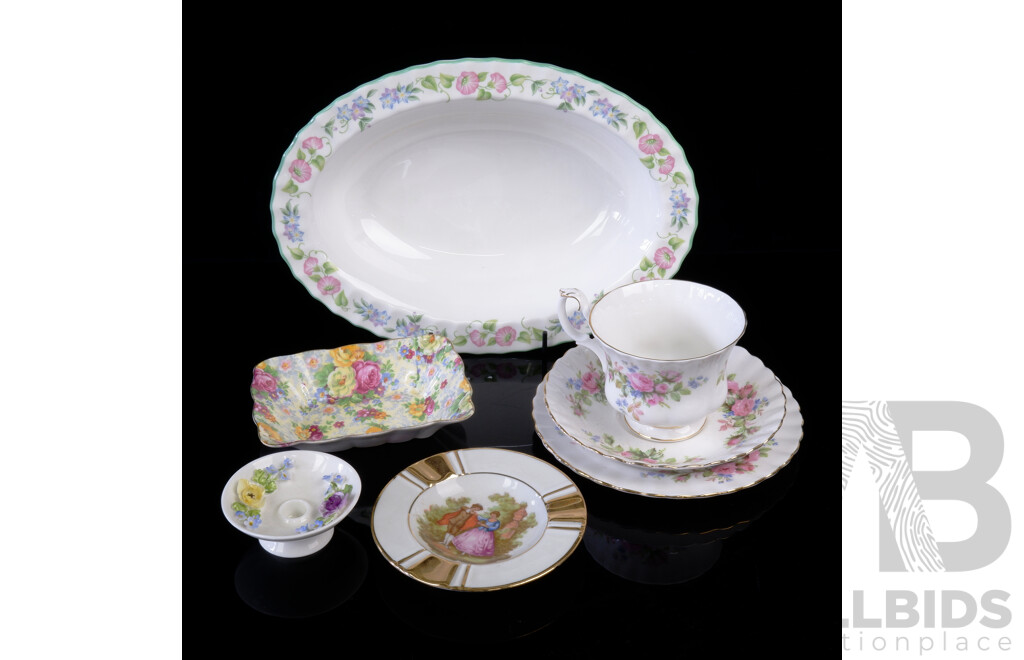 Collection Quality Vintage Porcelain Comprising Royal Albert Moss Rose Trio, Royal Worcester English GardenOvel Dish, Limoges Ashtray, Coalport Votive, Royal Albert Chintz Dish