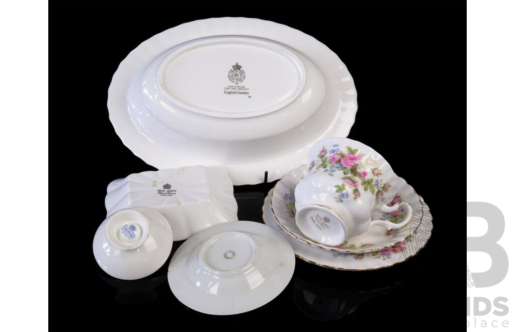 Collection Quality Vintage Porcelain Comprising Royal Albert Moss Rose Trio, Royal Worcester English GardenOvel Dish, Limoges Ashtray, Coalport Votive, Royal Albert Chintz Dish