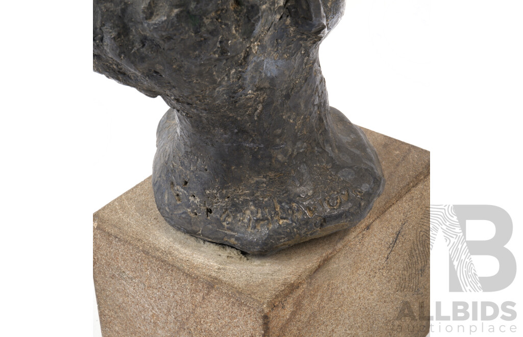 Hand Cast Steel Bust of a Faun on Sandstone Socle in the Style of Jacob Epstein, Indistict Inscription to Base