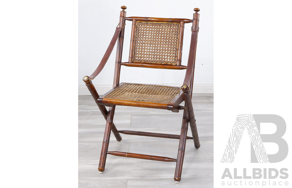 Lovely Vintage Indonesian Mahogany Carved as Bamboo Campaign Chair with Rattan Seat and Backrest