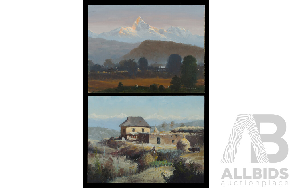 Allan Waite (1924-2010), Fallow Fields, Nepal; & First Light on the HI'malayas, Oil on Canvas on Board (2), 45 x 61cm (each)