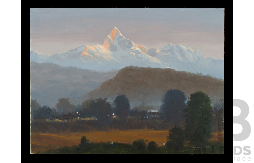 Allan Waite (1924-2010), Fallow Fields, Nepal; & First Light on the HI'malayas, Oil on Canvas on Board (2), 45 x 61cm (each)