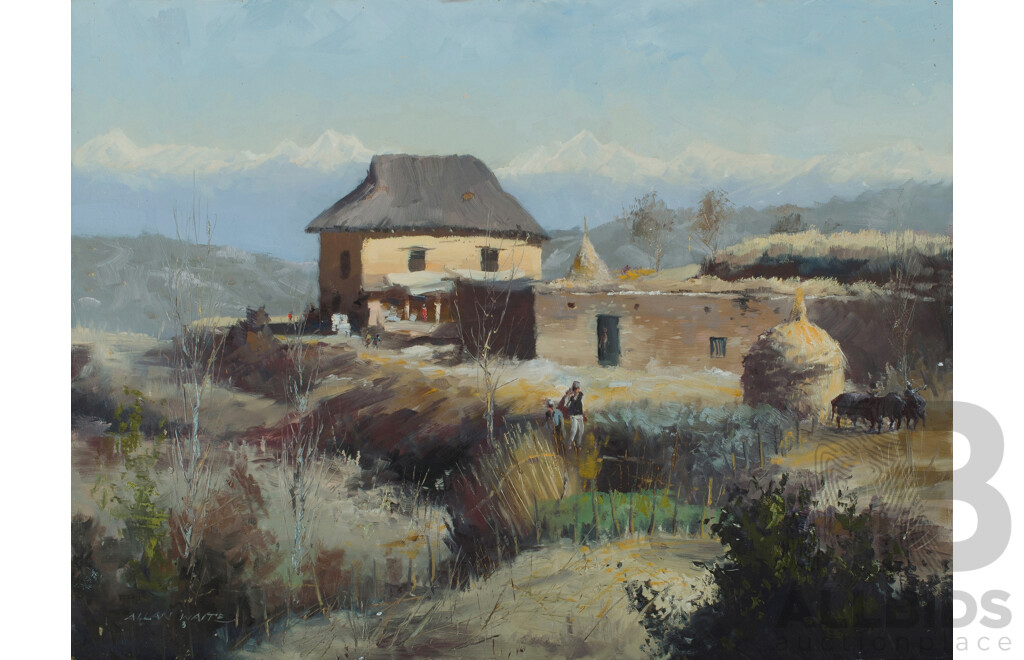 Allan Waite (1924-2010), Fallow Fields, Nepal; & First Light on the HI'malayas, Oil on Canvas on Board (2), 45 x 61cm (each)