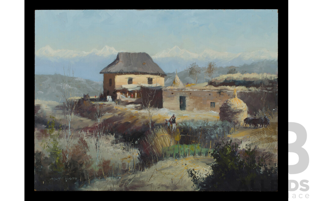 Allan Waite (1924-2010), Fallow Fields, Nepal; & First Light on the HI'malayas, Oil on Canvas on Board (2), 45 x 61cm (each)