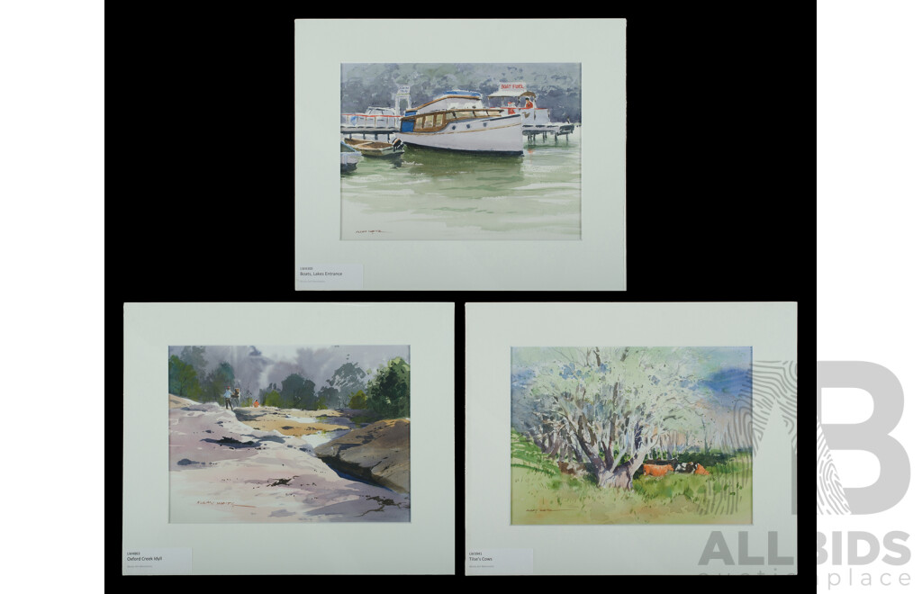 Allan Waite (1924-2010), Boats, Lake Entrance; Oxford Creek Idyll; & Tilse's Cows, Watercolour, 26 x 35cm (each) (3)