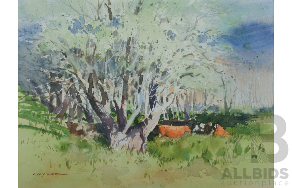 Allan Waite (1924-2010), Boats, Lake Entrance; Oxford Creek Idyll; & Tilse's Cows, Watercolour, 26 x 35cm (each) (3)