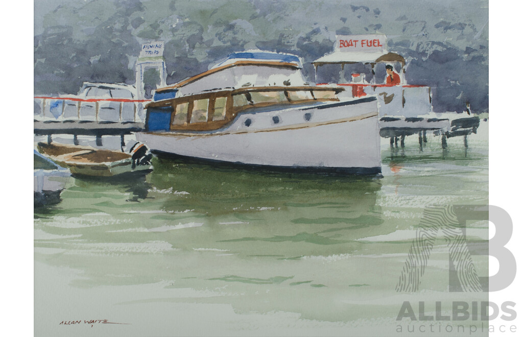 Allan Waite (1924-2010), Boats, Lake Entrance; Oxford Creek Idyll; & Tilse's Cows, Watercolour, 26 x 35cm (each) (3)