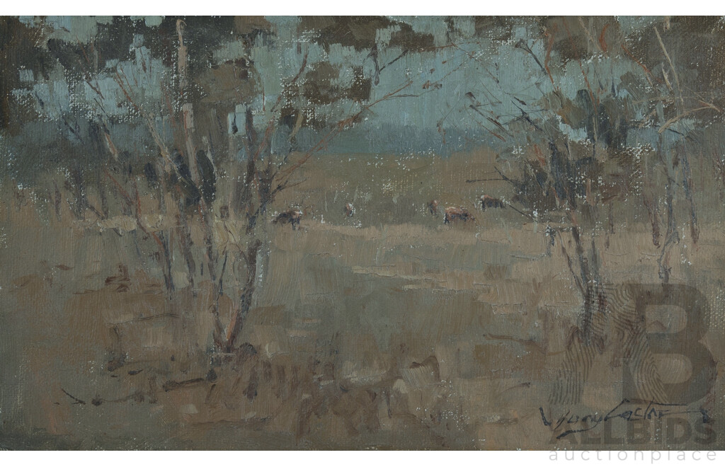 Tony Costa (born 1955), Seascape with Figures (25 x 15cm); Landscape, Clandulla [NSW] (15 x 25cm); and Morning Light, Lithgow [NSW] (15 x 25cm), Oil on Canvas on Board (3)