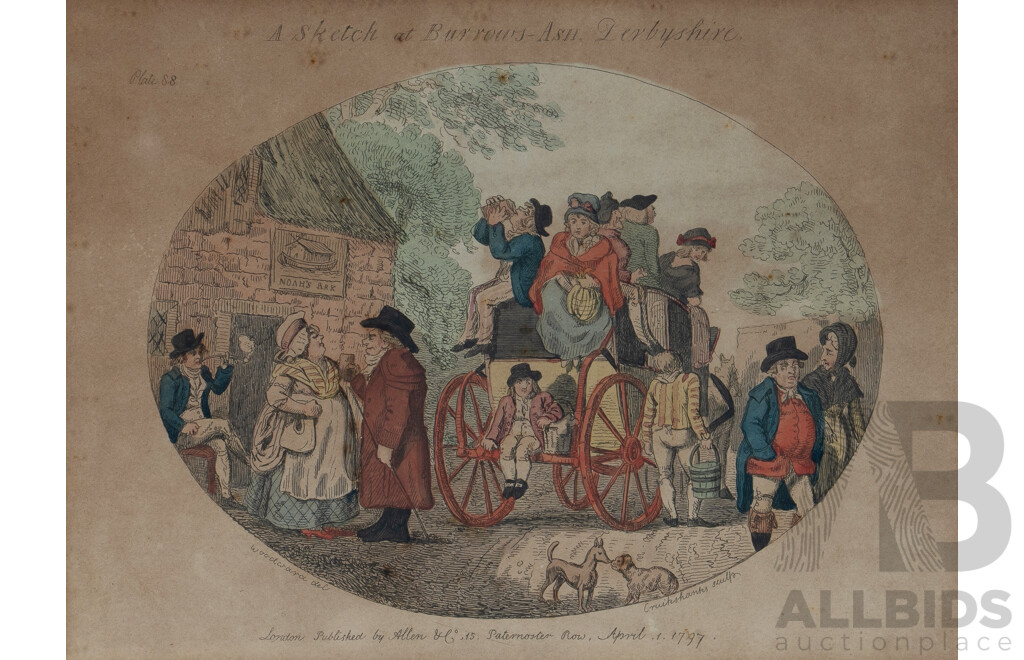 Various British Prints, Pair of Hand-Coloured Etchings by Isaac Cruickshank: a Convivial Meeting at Nottingham, and a Sketch at Burrows-Ash, Derbyshire...
