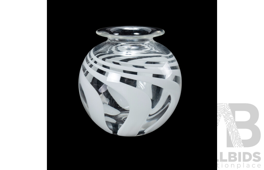 Clear Cased Glass Vase. Spherical shape, white swirl pattern, etched signature to base (illeg.), (H12.5cm)