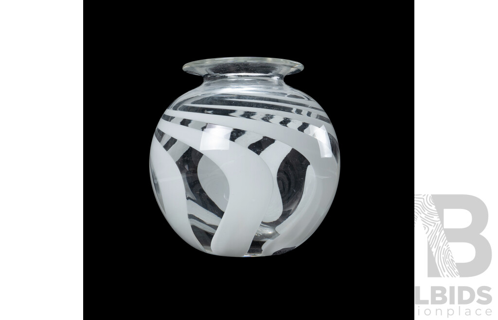 Clear Cased Glass Vase. Spherical shape, white swirl pattern, etched signature to base (illeg.), (H12.5cm)