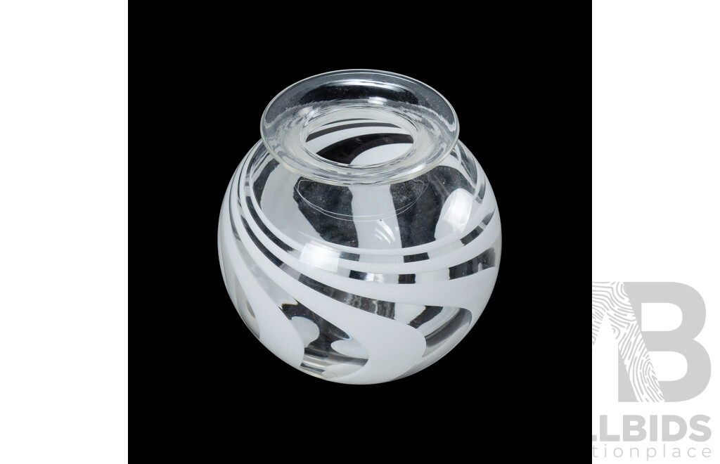 Clear Cased Glass Vase. Spherical shape, white swirl pattern, etched signature to base (illeg.), (H12.5cm)