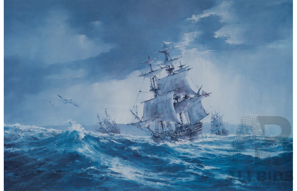 d'Arcy Doyle (1932-2001), The Arrival of the First Fleet, Limited Edition Print 1310/1500, 45 x 69cm (Image) 74 x 96cm (frame)