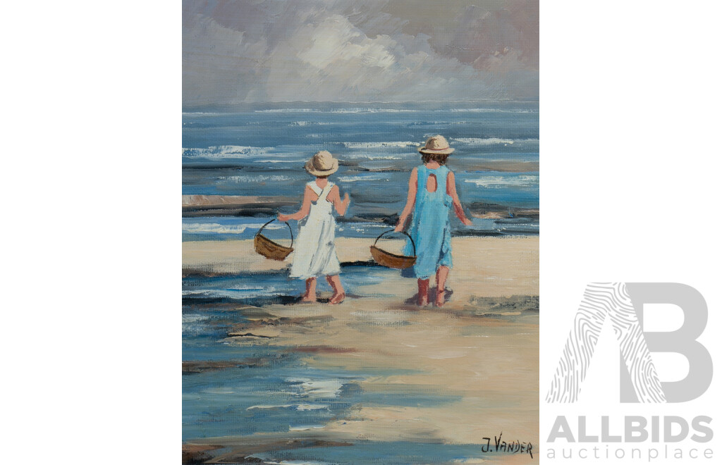 John Vander (born 1945), The Shell Seekers, Oil on Canvas Board, 24.5 x 19cm (Image) 58 x 50cm (frame)