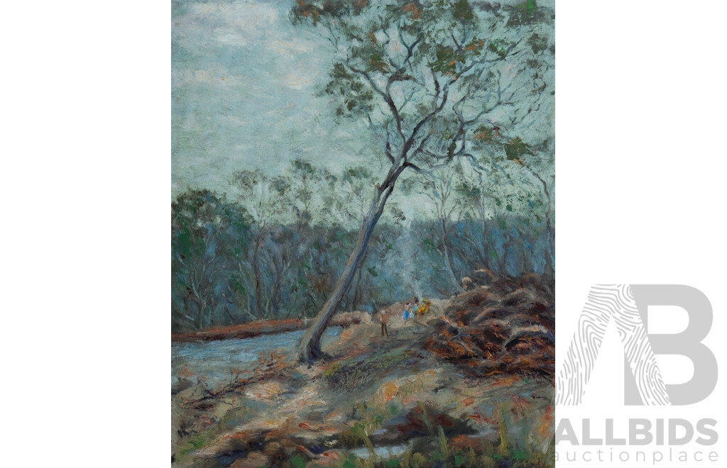 Australian School, Family Group and Campfire by a River, Oil on Board, 44.5 x 36.5cm