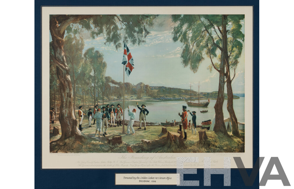 After Algernon Talmage (British 1871-1939), The Founding of Australia, Coloured Lithograph, with key verso., 43 x 60cm (Image) 78 x 90cm (frame)
