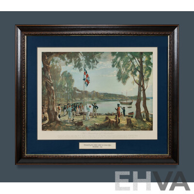 After Algernon Talmage (British 1871-1939), The Founding of Australia, Coloured Lithograph, with key verso., 43 x 60cm (Image) 78 x 90cm (frame)