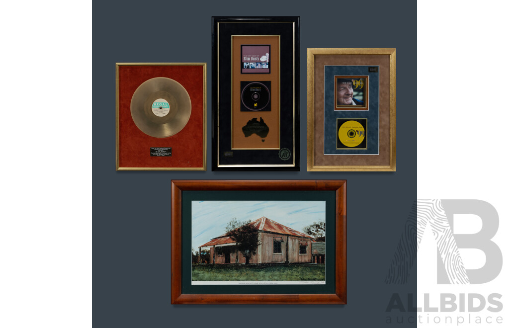 Four Slim Dusty Memorabilia Items, Includes Slim Dusty 'When the Rain Tumbles Down in July' Gold Album (45 X 37cm); Slim Dusty 99 Framed CD (55 X 40cm), 'the Very Best of Slim Dusty' Framed Presentation CD....