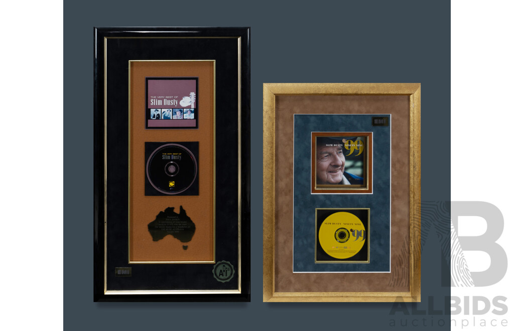 Four Slim Dusty Memorabilia Items, Includes Slim Dusty 'When the Rain Tumbles Down in July' Gold Album (45 X 37cm); Slim Dusty 99 Framed CD (55 X 40cm), 'the Very Best of Slim Dusty' Framed Presentation CD....